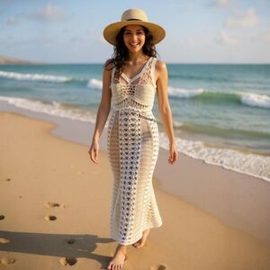 Zara Crochet Maxi dress - Coastal Resort Euro Summer Boho Blogger Favourite - M